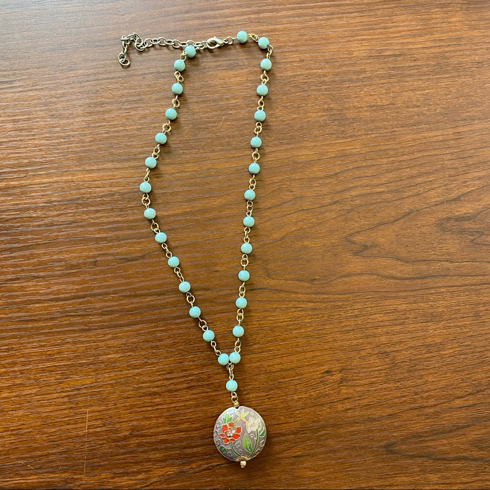 Floral Circular Charm with Turquoise Beads and Metal Chain Necklace